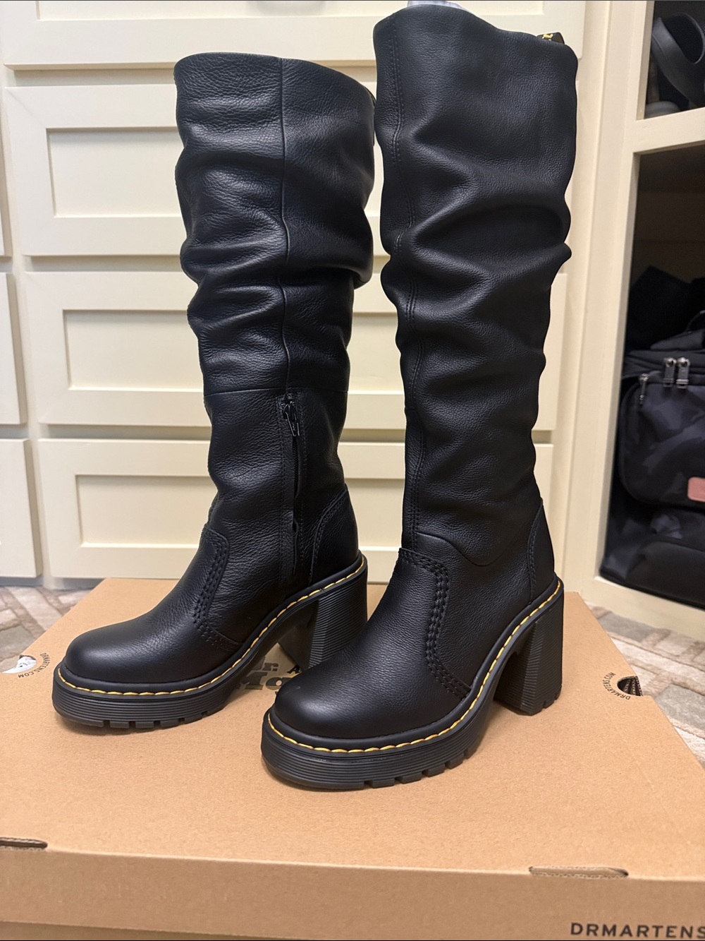 Dr. Martens KASEY Black Platform Knee-High Leather Heeled Boots SZ 6